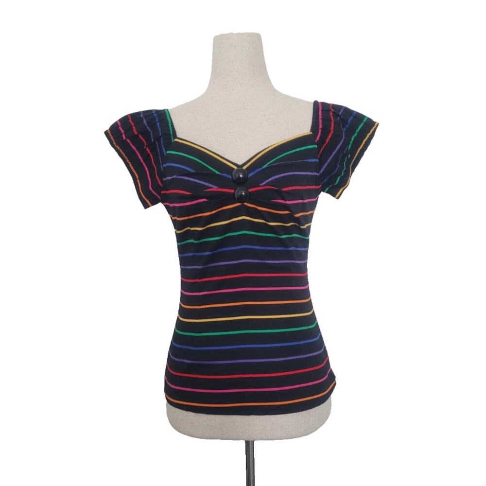 Collectif Dolores Sweetheart Neck Rainbow Striped Top XS Pride Pinup Rockabilly